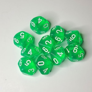 May include: A group of eight green dice with white numbers. The dice are scattered on a white surface.