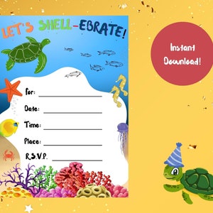 Printable Ocean Party Invitation, Under the Sea Party, Fish Birthday Party, Let's Shell-Ebrate Beach Party Invitation, Turtle Party Invite