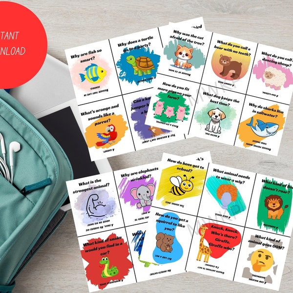 Printable Animal Joke Lunchbox Notes For Kids I School Notes From Parents to Kids I Everyday Valentines for Kids I Jokes for Kids