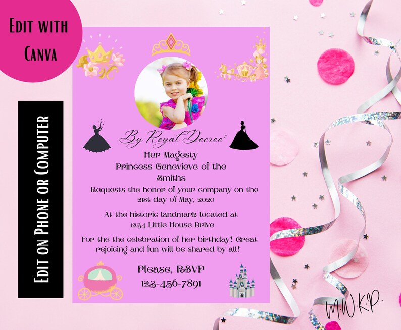 Editable Party Invitation With Photo Printable Princess Party - Etsy