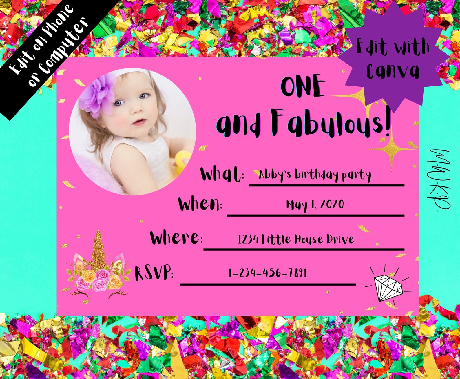 Editable Unicorn Party Invite With Photo, Toddler Dress up Party, Pink