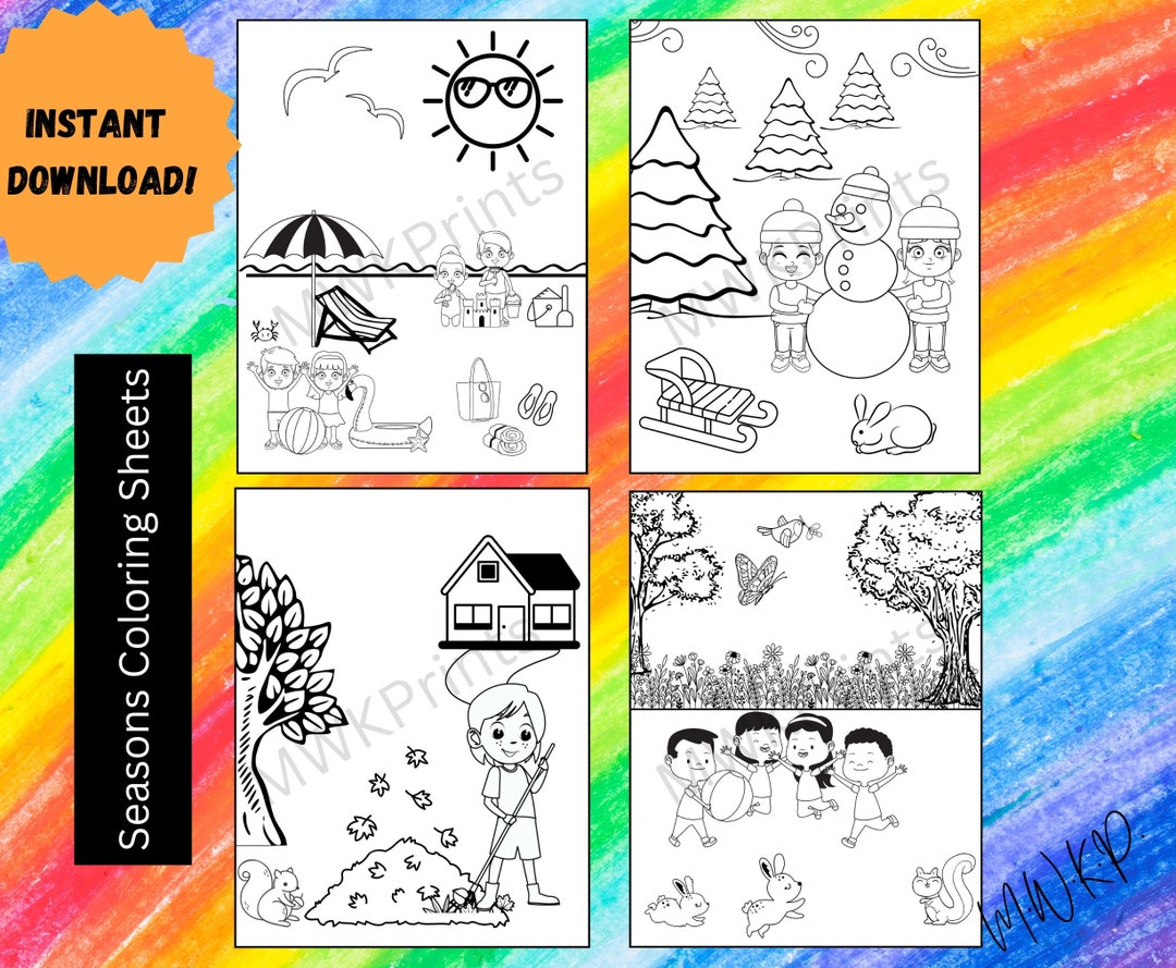 Seasons Coloring Sheets, Kids Set of 4 Coloring, Arts and Crafts for