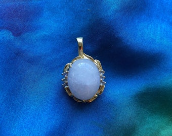 Light Lavender Jade Cabochon Pendant set in 14K gold with Aqua Stones