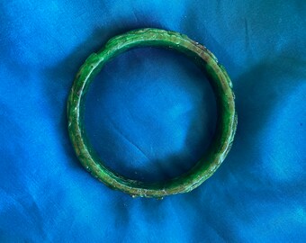 Carved Dark Green Jade Bangle Bracelet