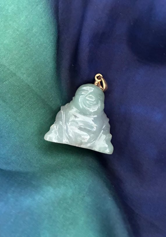 Carved Happy Buddha Green Jade Pendant with 14K gold Bail