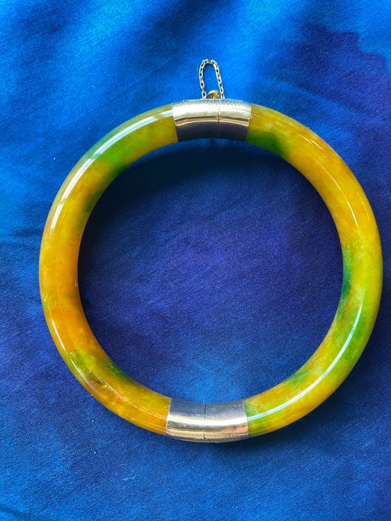 Green and Gold Jade Hinged Bangle Bracelet w/14K … - image 5