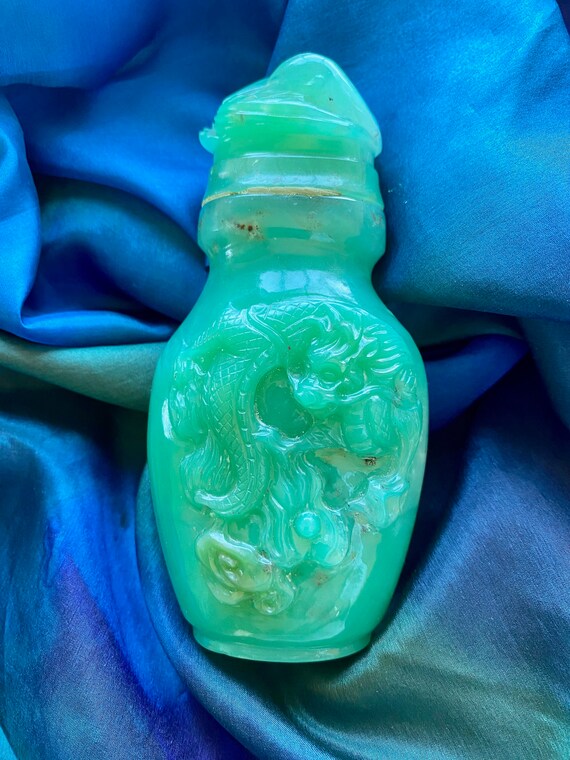 Carved Dragon Green Jade Container Gem