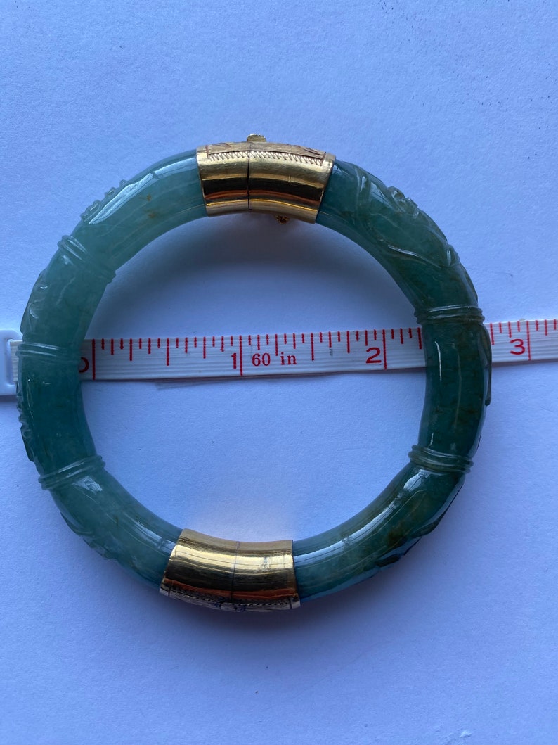 Carved Green Burma Jade Hinged Bangle Bracelet W/14k Gold Etsy