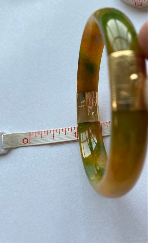 Green and Gold Jade Hinged Bangle Bracelet w/14K … - image 4
