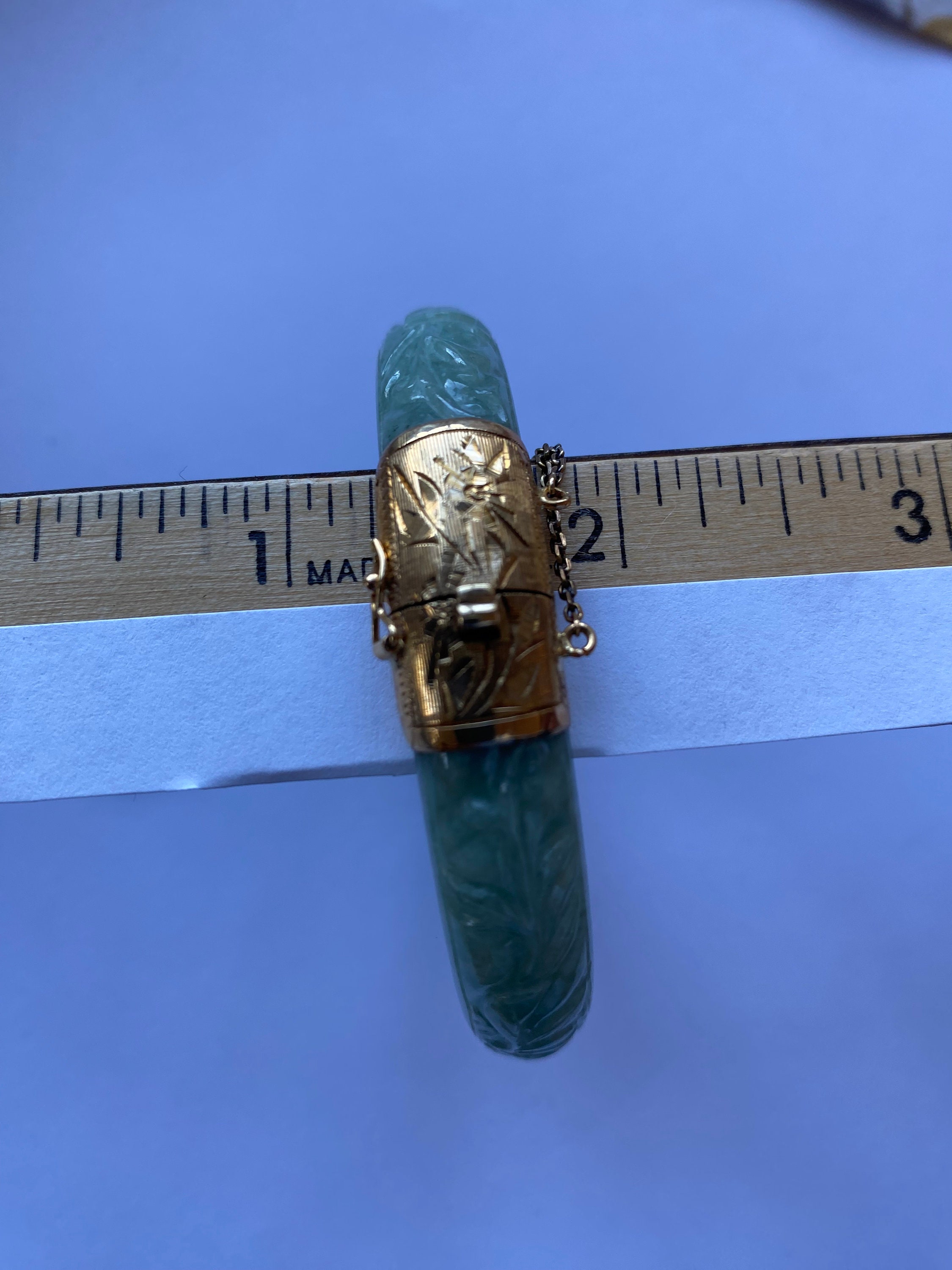 Carved Green Jade Hinged Bangle Bracelet W/14k Gold Clasp Etsy