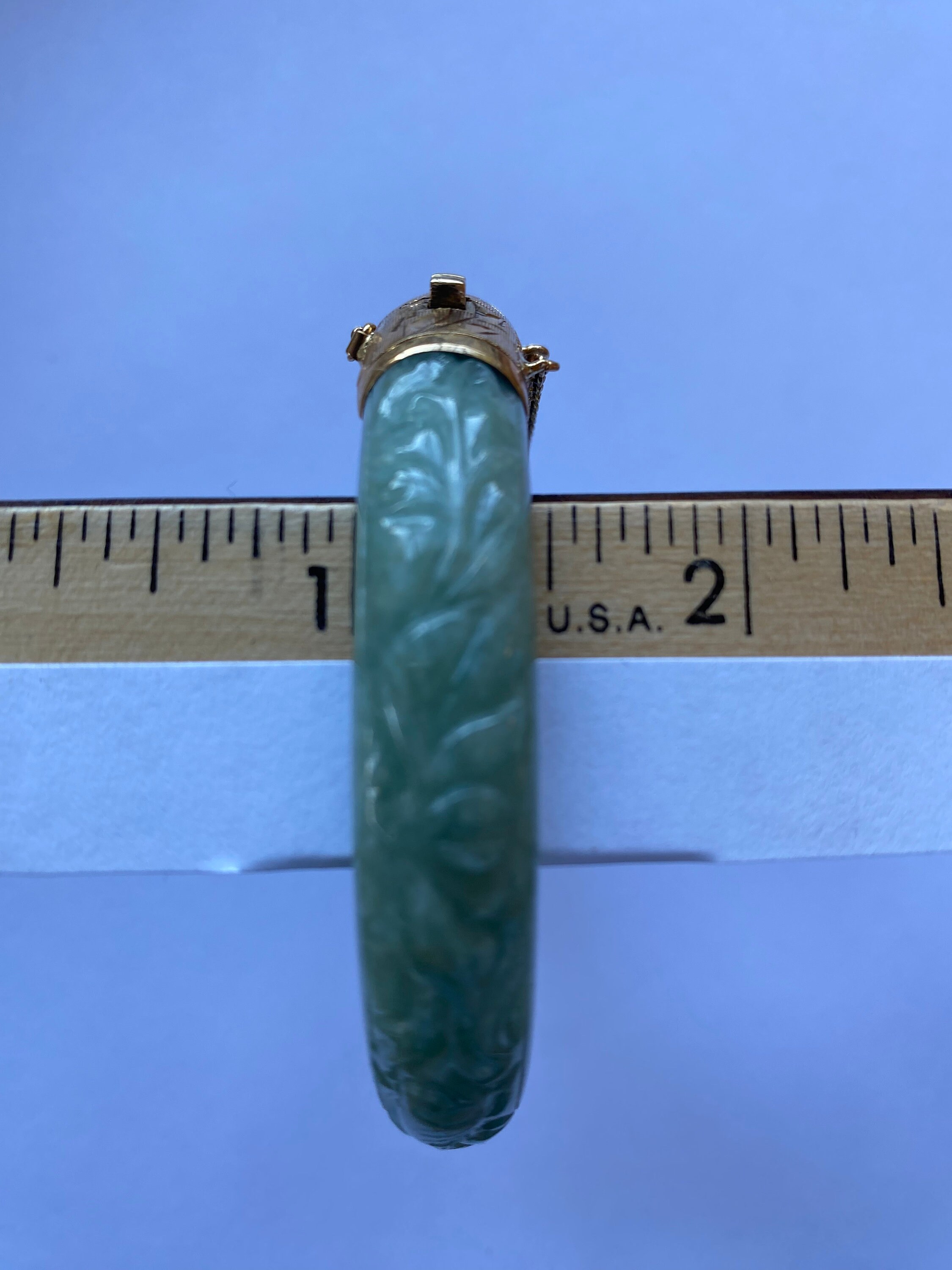 Carved Green Jade Hinged Bangle Bracelet W/14k Gold Clasp Etsy
