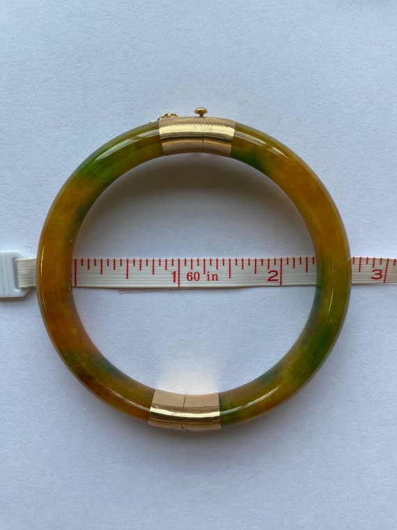 Green and Gold Jade Hinged Bangle Bracelet w/14K … - image 2