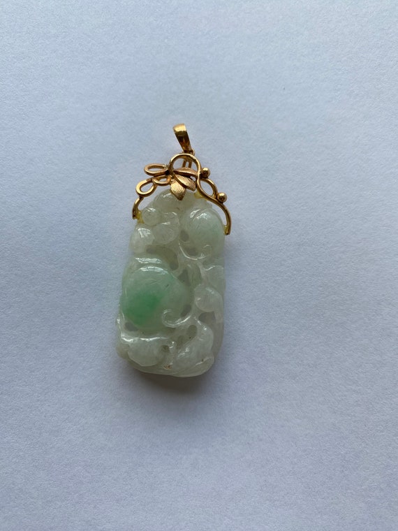 Carved Jade Pendant set in 14K gold (Light Green) - image 3