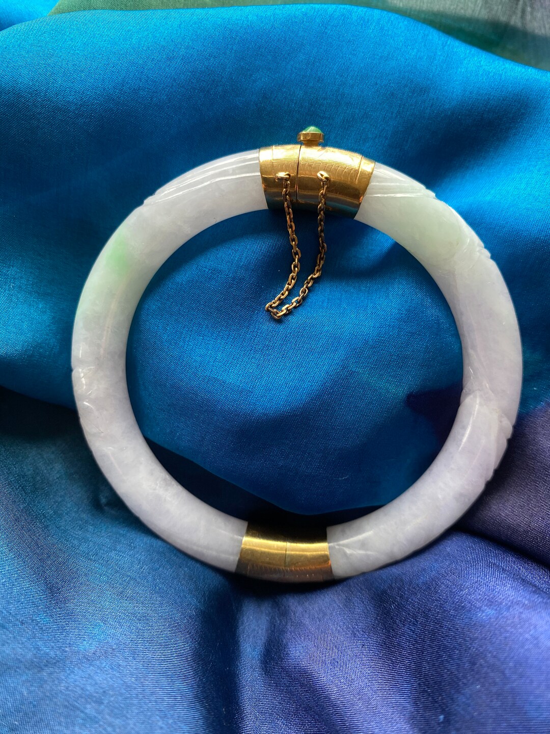 Carved White Burma Jade Hinged Bangle Bracelet W/14k Gold Clasp, Safety
