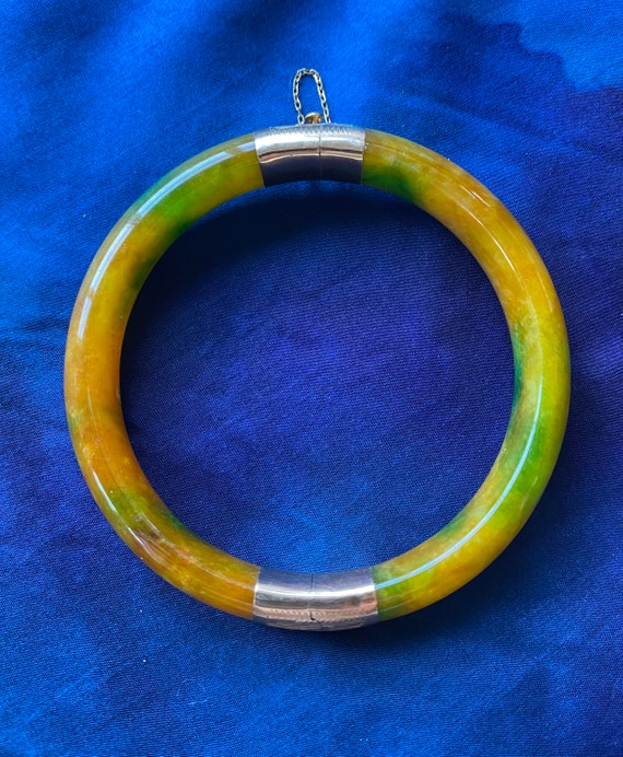 Green and Gold Jade Hinged Bangle Bracelet w/14K … - image 1