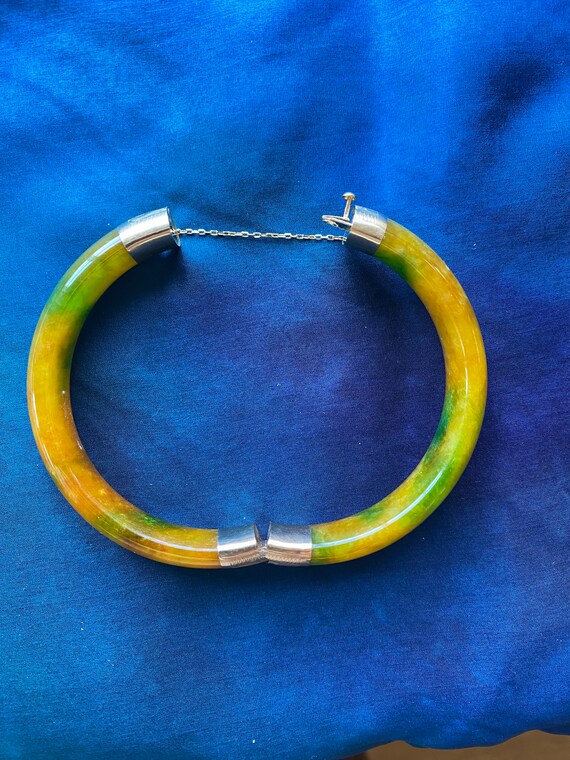 Green and Gold Jade Hinged Bangle Bracelet w/14K … - image 3