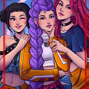 May include: Digital illustration of three women with vibrant hair colors: black, purple, and red. They are wearing stylish outfits, including a yellow jacket and blue tops. The artwork has a modern, anime-inspired style with a red border.