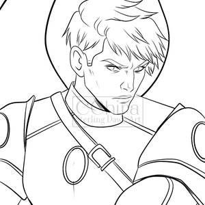 Może przedstawiać: Czarno-biała ilustracja osoby z krótkimi włosami, ubranej w zbroję z paskiem i klamrą. Osoba ma surowy wyraz twarzy.