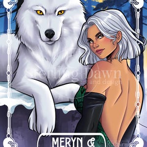May include: Illustration of a white wolf with yellow eyes and a woman with silver hair. The woman wears a green and black outfit. The image has a decorative border and the text "MERYN & ANASSA".