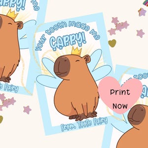 Capybara Tooth Fairy druckbare Karten, Zahn, Zahn, Kinder, Capy, Cappy