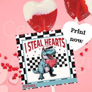T-rex Trucker Valentine Imprimible Escuela, dulces, descarga instantánea, robar corazones, dinosaurio San Valentín para niño