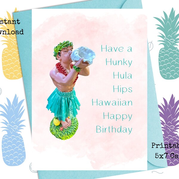 Hawaiian Dashboard Hula Doll Birthday Card, Instant Download, 5x7 Printable Card for Her