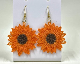 Unique Lightweight Thread Sunflower Earrings -Created entirely out of embroidery thread!