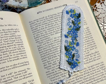 Embroidered Floral Forget Me Not Lace Bookmark with Beaded Tassel