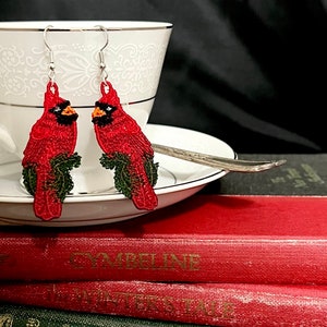 Unique Lightweight Thread Cardinal Earrings -Created entirely out of embroidery thread!