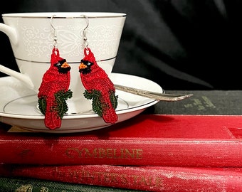 Unique Lightweight Thread Cardinal Earrings -Created entirely out of embroidery thread!