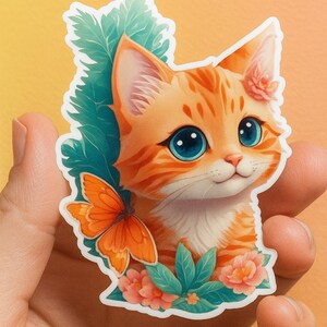 Cute Floral Orange Tabby Cat, Kitten, Cat Mom Sticker, Water Bottle Stickers, Cat lover gift,Animal lover gift sticker,laptop sticker,Kawaii