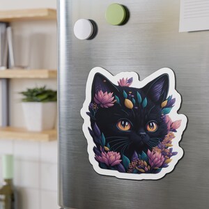 Floral Black Cat - Cute Animal Pet Fridge Magnet - Kitchen Decor, Black Cat, Cat Mom Magnet, Cat lover gift, Animal lover gift