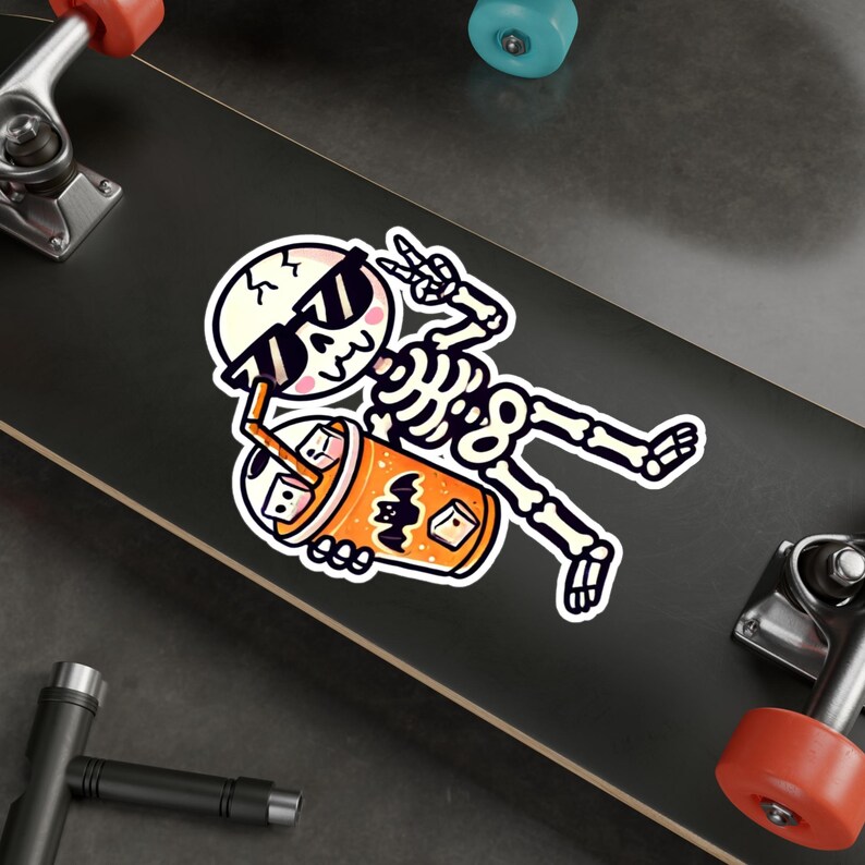Skeleton Vinyl Decals, Cute Cartoon Kawaii Skeleton With Iced Coffee
