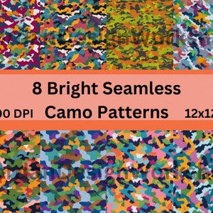 8 Seamless Camo patterns, Digital paper pack, Instant download, Scrapbook papers, Bright, Hunting, Fishing, Military, Printable Craft Paper