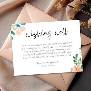 Cartão Wishing Well Chá de panela floral | Cartão de casamento floral Blush verde Wishing Well | Chá de casal Wishing Well