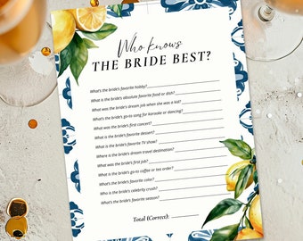 Who Knows The Bride: Lemon Positano Bridal Shower Game (Printable File) A04