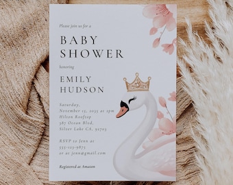 Schwanenprinzessin Einladung zur Babyparty: Rosa Blumenmuster (Canva Template) A76