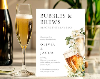 Peut inclure: Une carte d'invitation blanche avec une illustration aquarelle de flûtes de champagne et de fleurs blanches. Le texte indique "Bubbles & Brews Before They Say I Do" et comprend les noms Olivia & Jacob, la date et l'heure de l'événement, ainsi que le lieu.