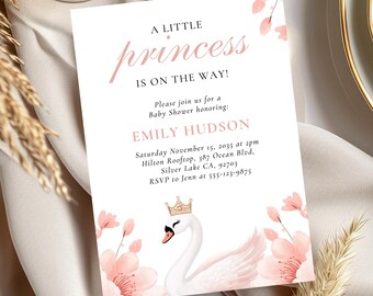 Schwanenprinzessin Einladung zur Babyparty: Pink Floral (Canva Template) A76
