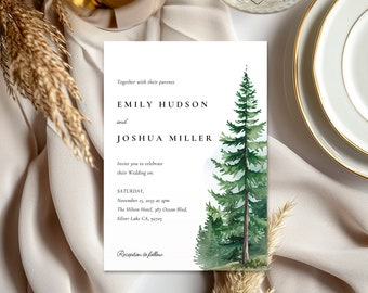 Rustic Pine Tree Forest Wedding Invitation (Canva Template)