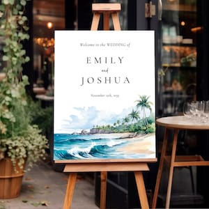 May include: A white wedding welcome sign with a watercolor illustration of a beach scene with palm trees, waves, and a sandy shore. The text reads "Welcome to the Wedding of Emily and Joshua, November 15th, 2035".