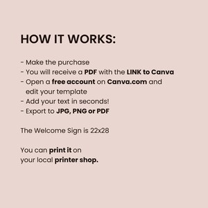 May include: A light pink graphic with the text "HOW IT WORKS:" followed by instructions on how to purchase, edit, and print a welcome sign. The sign dimensions are 22x28 inches.