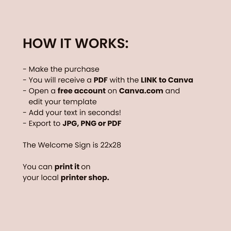 May include: A light pink graphic with the text "HOW IT WORKS:" followed by instructions on how to purchase, edit, and print a welcome sign. The sign dimensions are 22x28 inches.