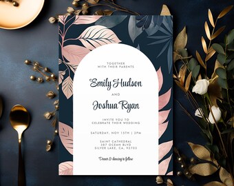 Blush Navy Blue Wedding Invitation | Elegant Floral Wedding Invitation | Navy Blue Wedding Invitation | Blush Pink Flower Wedding Invitation