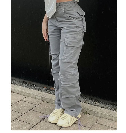 Grunge Hot Girl Vintage Big Pocket Oversized Baggy Cargo Jeans Femme  Elastic Waist Straight Wide Leg Pants Denim Trousers Women