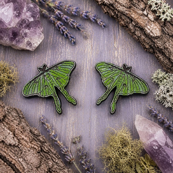 Luna Moth Earrings: Woodland Inspired Hand Painted Studs (Green Wood)