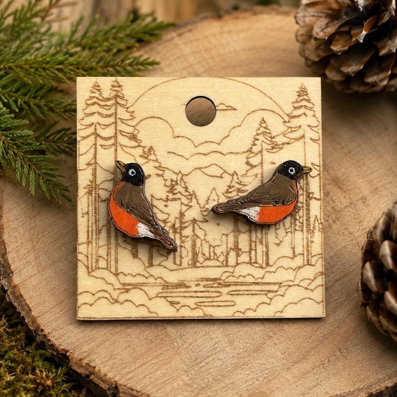 Robin Earrings | Hand Painted Wooden Studs - Sustainable Basswood | Nature Jewelry Gift For Collectors