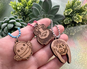 Animal Cherry Wood Keychain Charms- 3 styles- Manatee or Parakeet or Guinea Pig