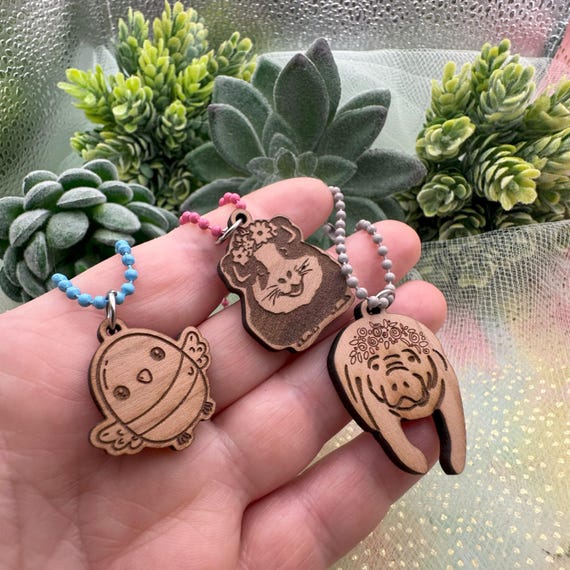 Animal Cherry Wood Keychain Charms- 3 styles- Manatee or Parakeet or Guinea Pig