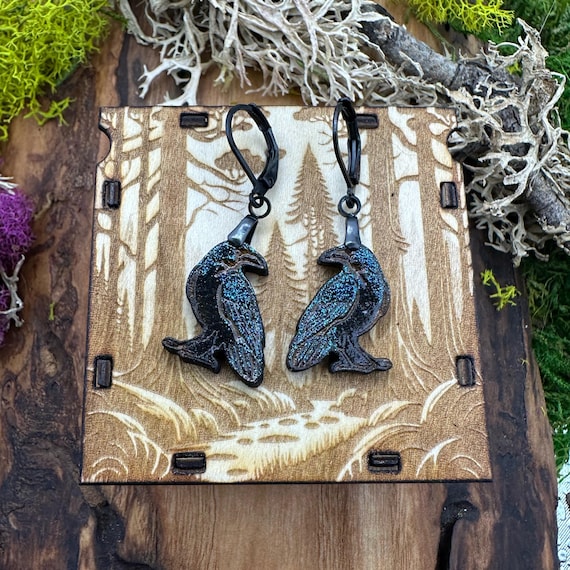 Hand-Painted Iridescent Raven Leverback Earrings